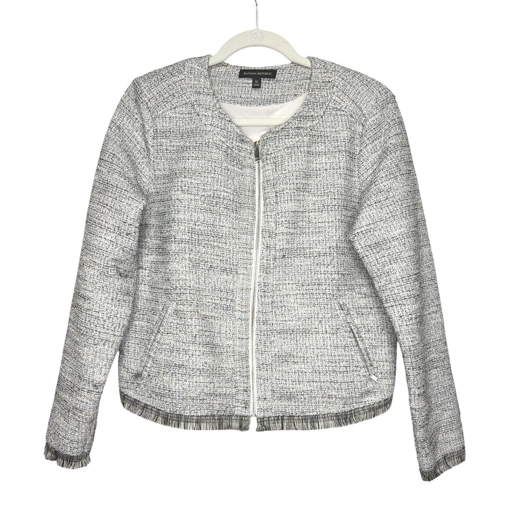 Banana Republic Boucle Black White Tweed Fringe Zip Front Jacket 10